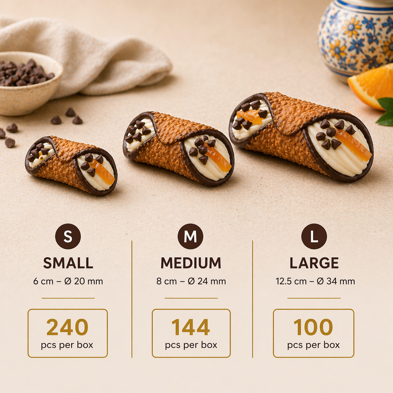 Sicilian cannoli chocolate coated ends – small, medium and large sizes with filling