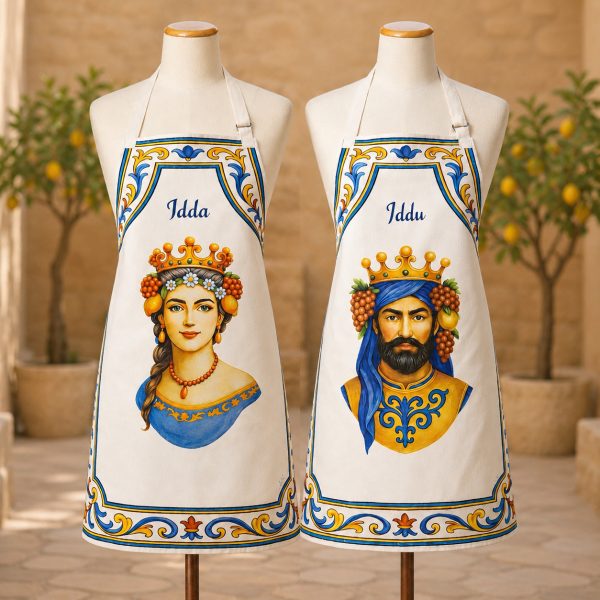 Sicilian aprons by Sydcily featuring Iddu and Idda artwork, Mediterranean textile design, and artisanal lifestyle styling.
