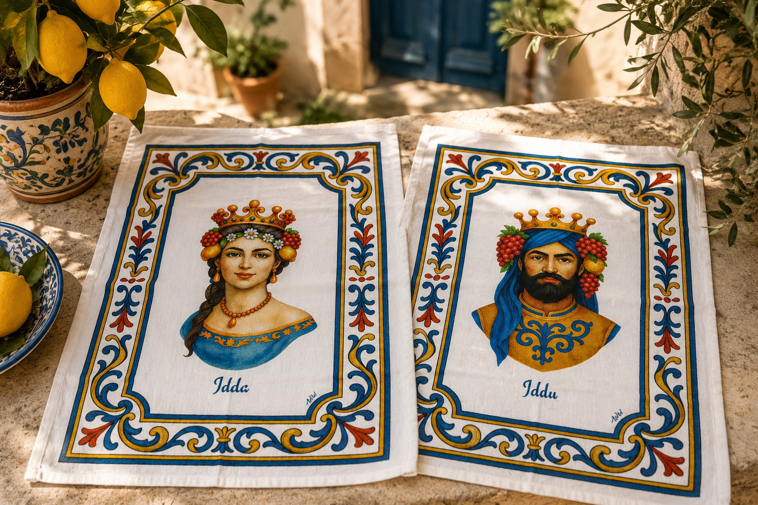 Sicilian-inspired tea towels featuring the Iddu and Idda Mediterranean artwork designs from the Sydcily Living collection.