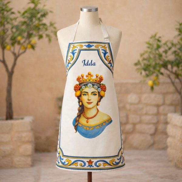 Sicilian-inspired Idda apron from the Mori Collection by Sydcily featuring Mediterranean artwork, durable canvas fabric, and braided rope ties.