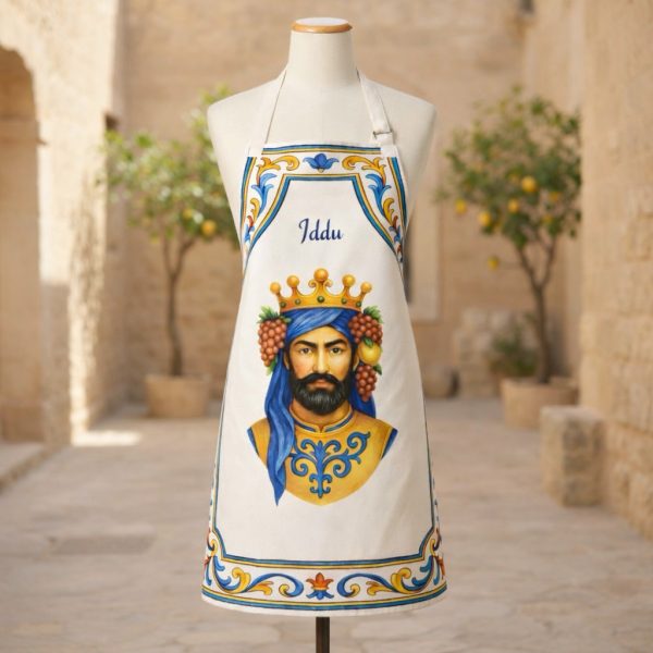 Sicilian-inspired Iddu apron from the Mori Collection by Sydcily featuring Mediterranean artwork, durable canvas fabric, and braided rope ties.
