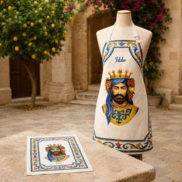 Iddu Sicilian apron and tea towel kitchen set with Mediterranean artwork