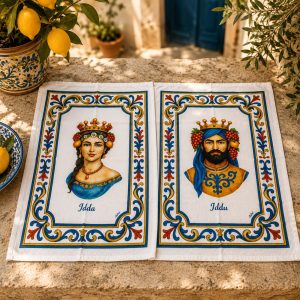 Elegant Sicilian tea towels featuring traditional Moorish king and queen illustrations, styled on a rustic Mediterranean stone table with lemons and warm natural sunlight.