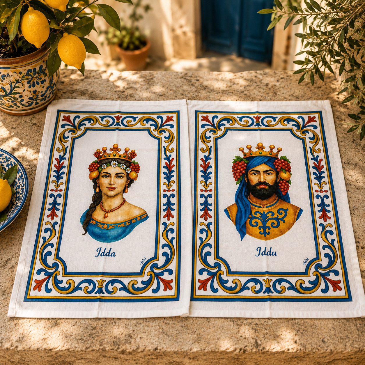 Elegant Sicilian tea towels featuring traditional Moorish king and queen illustrations, styled on a rustic Mediterranean stone table with lemons and warm natural sunlight.