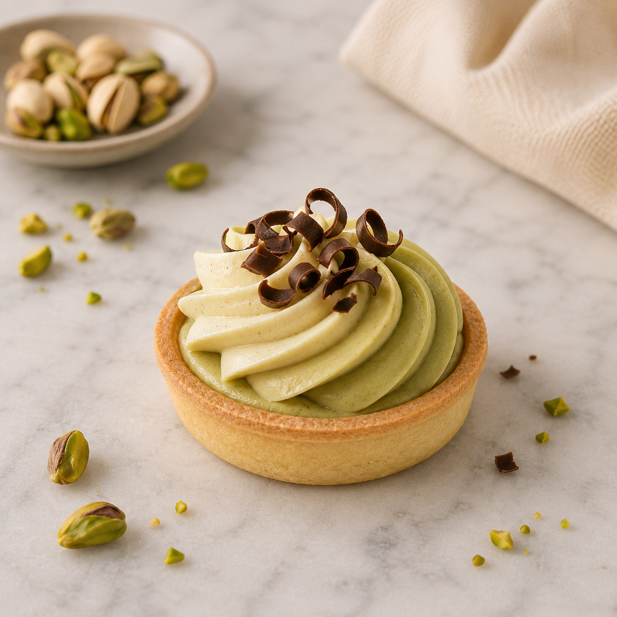 82MM TART TOPPED WITH PISTACHIO AND VANILLA CUSTARD SWIRL