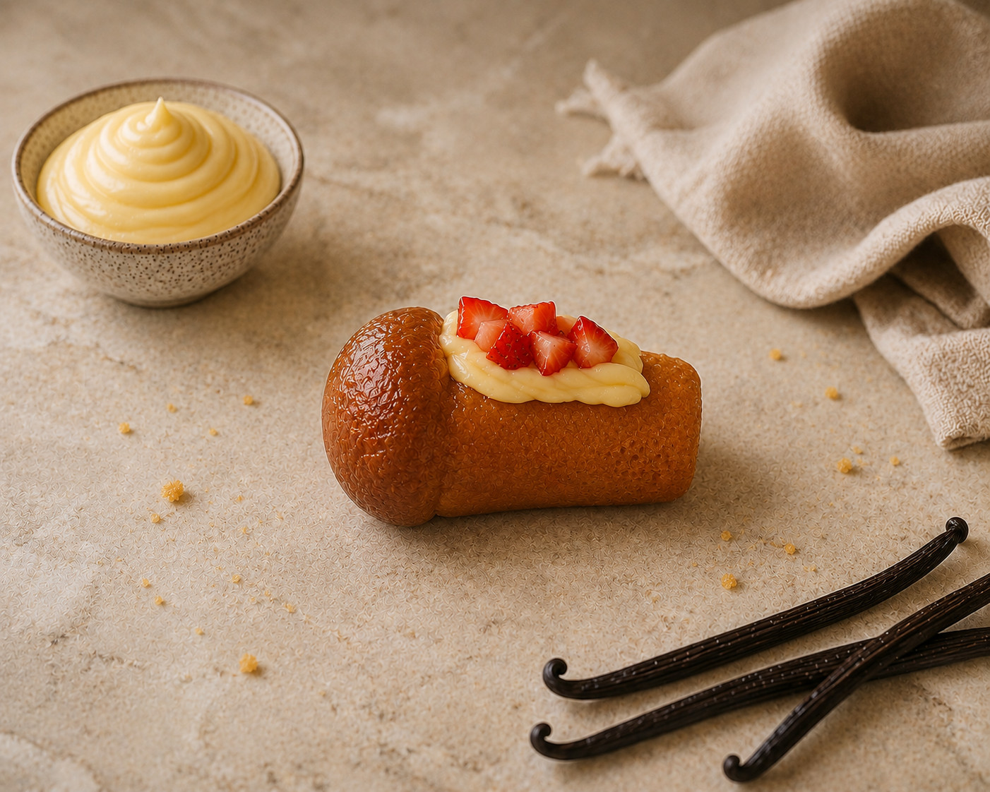 BABA SOAKED IN RUM AND TOPPED WITH VANILLA CUSTARD AND FRESH STRAWBERRIES