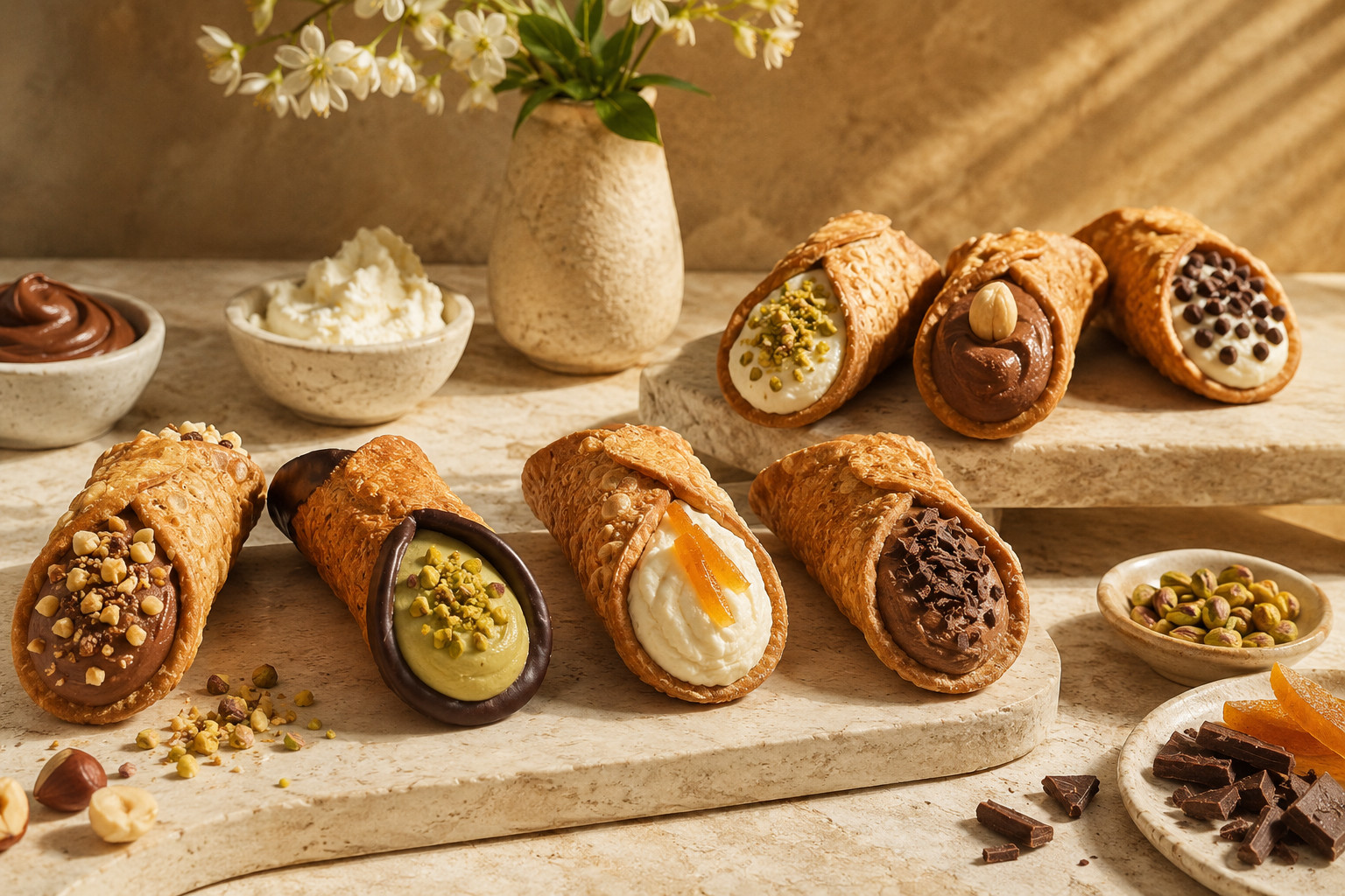 Authentic Sicilian cannoli shells filled with premium pastry creams and decorated with pistachios, chocolate and artisan toppings in an elegant Mediterranean setting.
