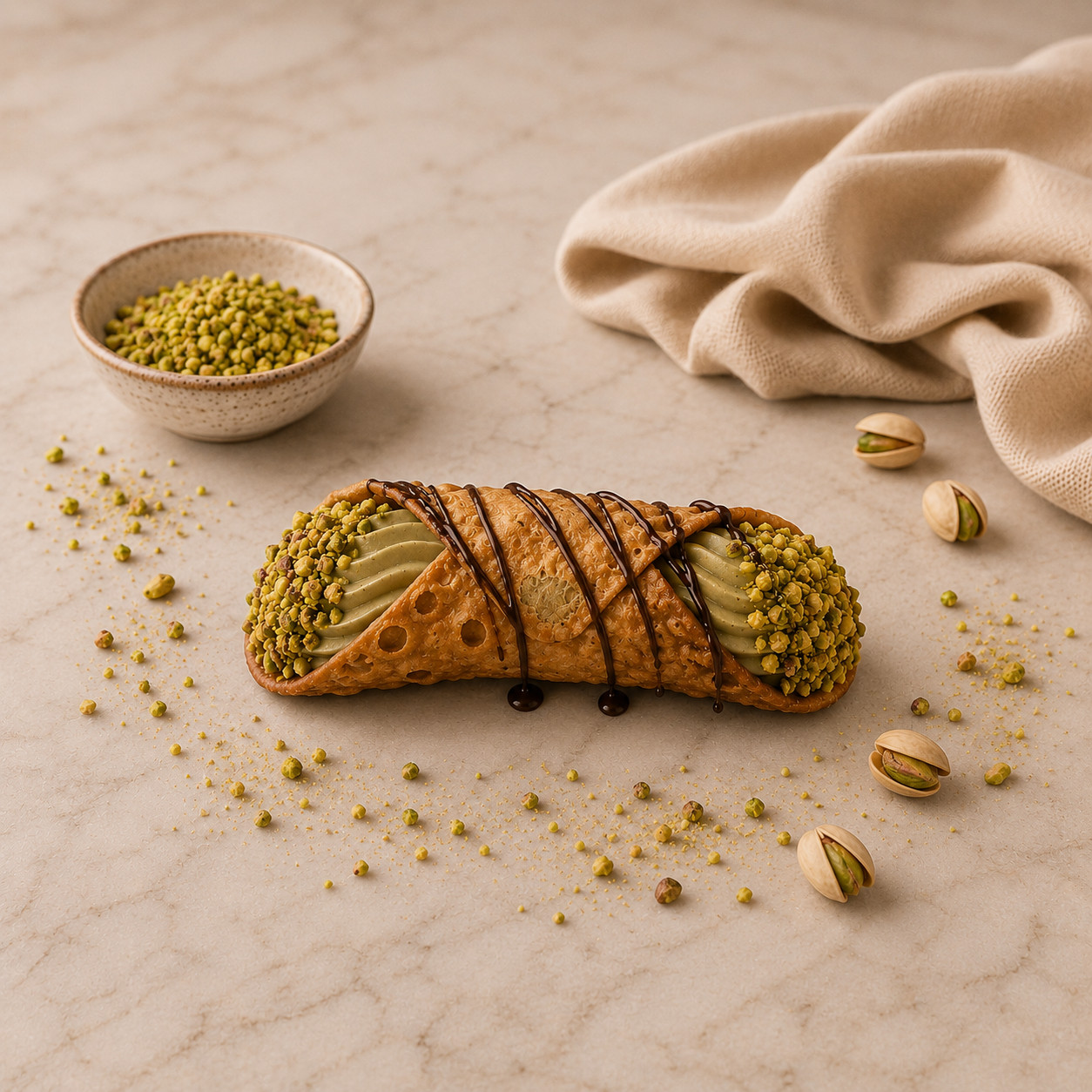 CANNOLO LARGE FILLED WITH PISTACHIO CUSTARDAND PISTACHIO CRUMBLE
