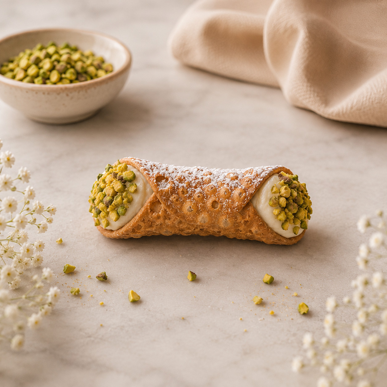 MEDIUM CANNOLO FILLED WITH RICOTTA CUSTARD AND PISTACHIO CHIPS