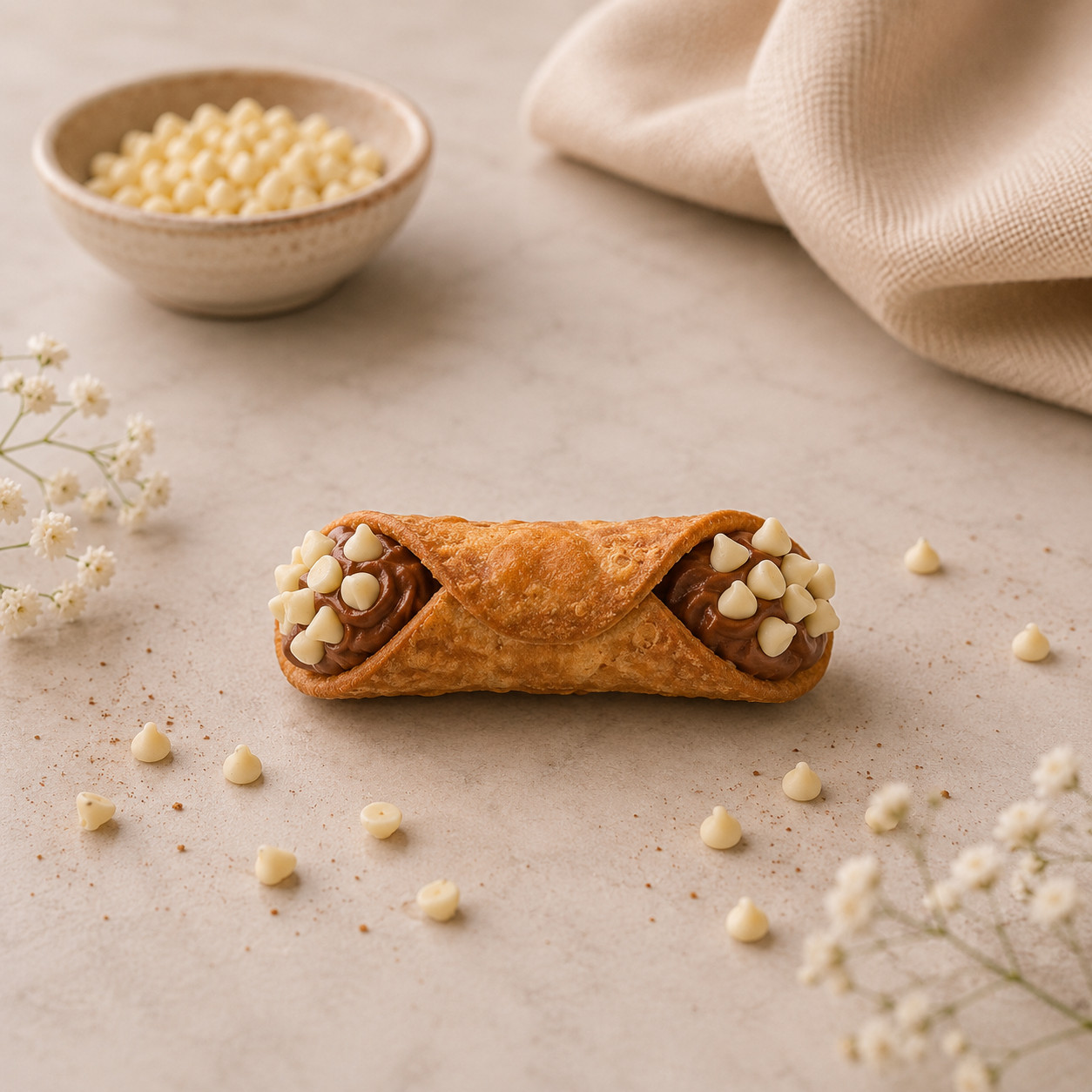SMALL CANNOLO FILLED WITH CHOCOLATE CUSTARD AND WHITE CHOCOLATE PEARLS