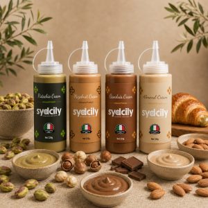 Sydcily Cream Collection featuring Pistachio, Hazelnut, Gianduia and Almond Cream in 220g squeeze bottles.