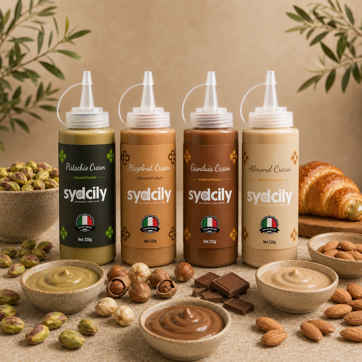 Sydcily Cream Collection featuring Pistachio, Hazelnut, Gianduia and Almond Cream in 220g squeeze bottles.