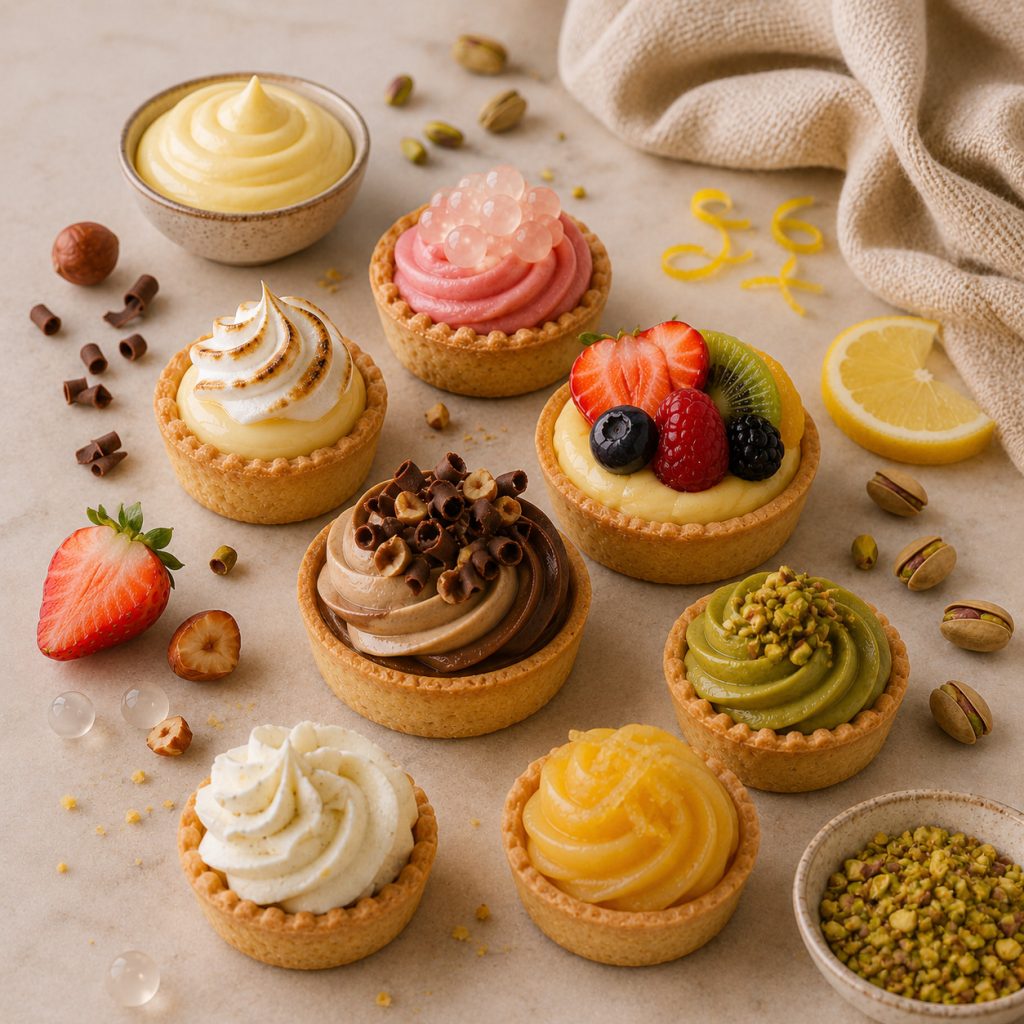 Variety of tartlets shapes filled with custard